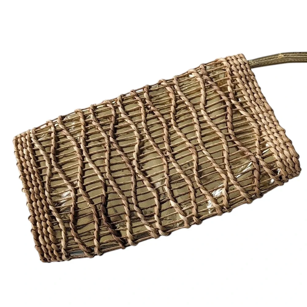 Unbranded raffia and gold clutch/wristlet, handbag, Boho, Casual, Weekend Bag